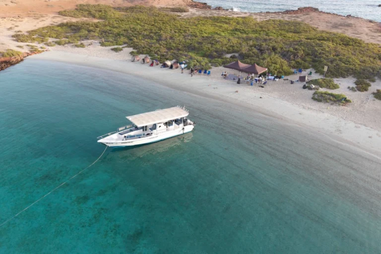 Tour boat anchored off an island beach camp at the Daymaniyat Islands
