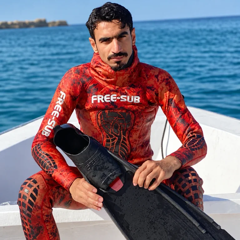 Captain Idrees sitting on the boat in a red wetsuit, holding a pair of long fins, with the sea and an island behind