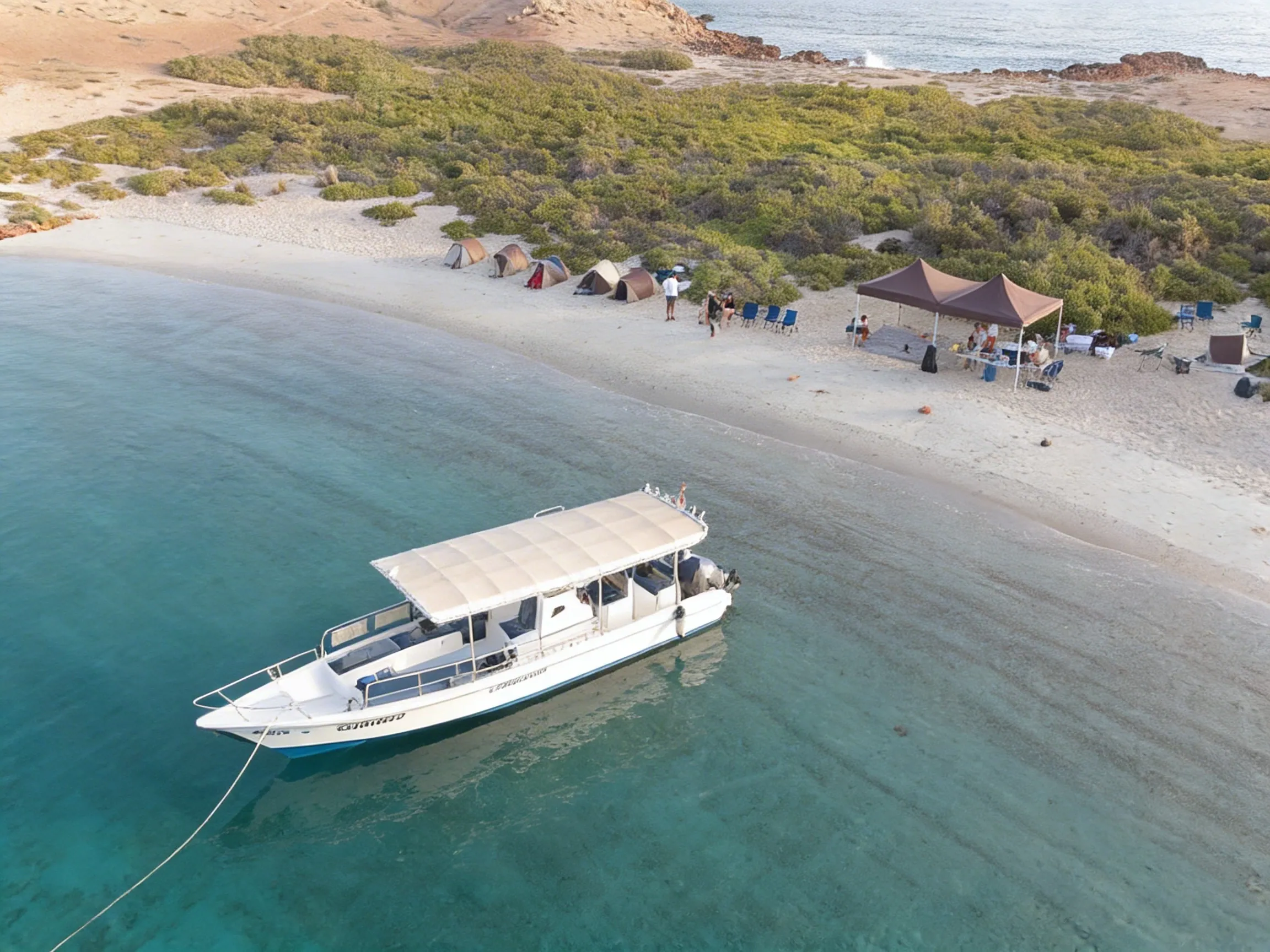 Beach camp with tents and a boat anchored nearby, seen from above, Daymaniyat Islands