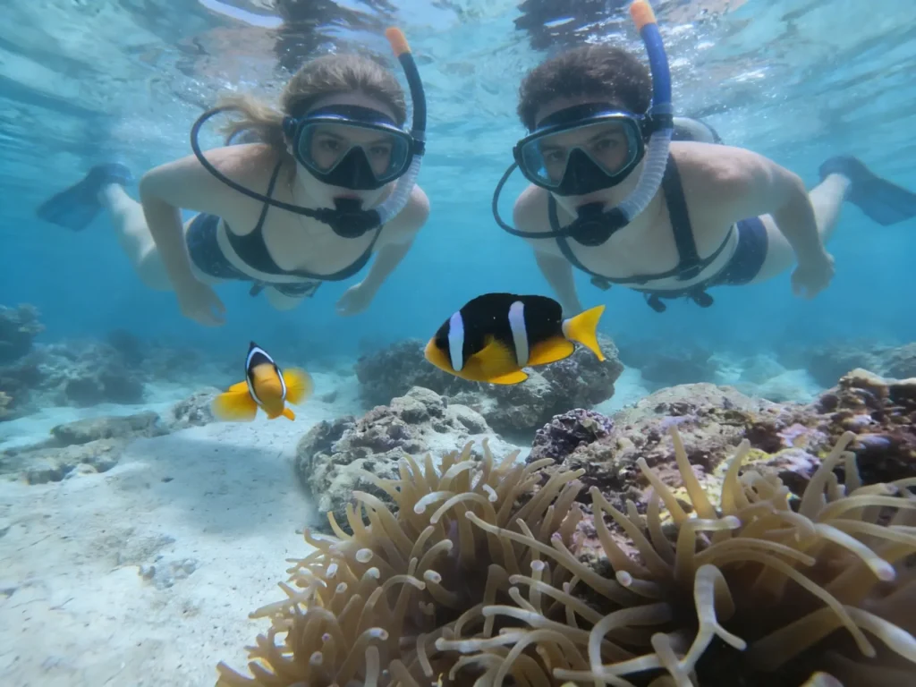 Two snorkellers above a coral reef with orange clownfish in clear shallow water